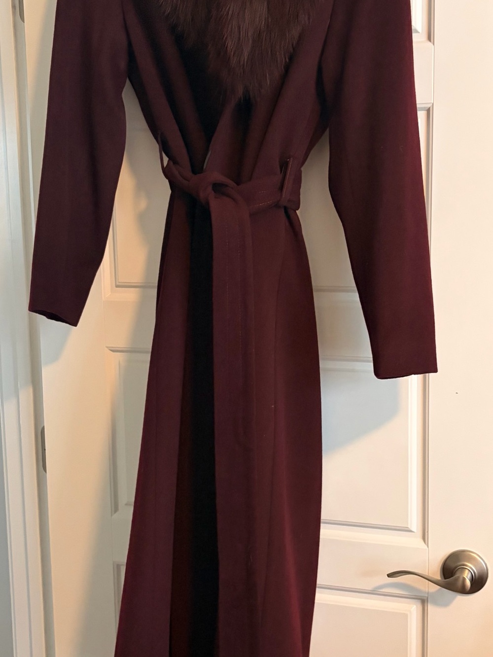 Women's Long Wine Trench Coat with Fur Collar and Self-Tie Belt